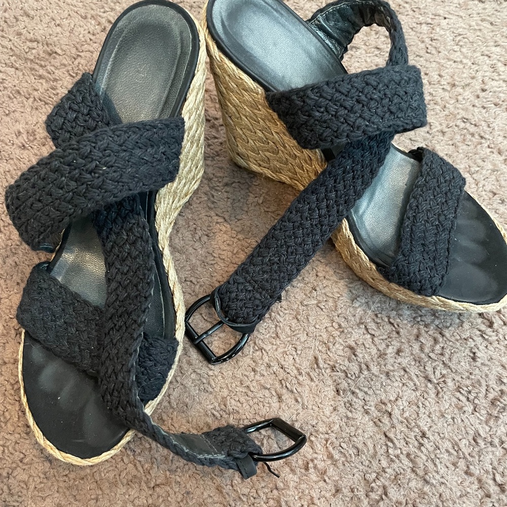 Stuart Weitzman Woven Wedges - Black